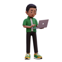 3d male character standing confused working on a laptop png