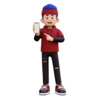 3d masculino personagem segurando e apontando para uma inteligente telefone com esvaziar tela png