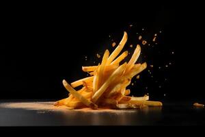 Freeze motion shot of falling french fries with salt powder on wooden table, generated photo