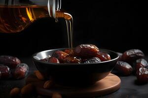 honey poured from jar to fresh dates in bowl, decorated with almond, generated photo