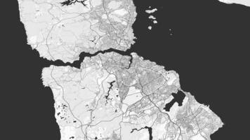 Black and white Istanbul map background loop. Spinning around Turkey city air footage. Seamless panorama rotating over downtown backdrop. video