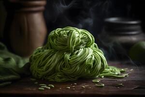 crudo italiano verde pasta espaguetis. seco tallarines ingrediente, generativo ai generado foto