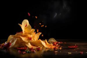 shot of falling spicy potato chips on wooden table, generated photo