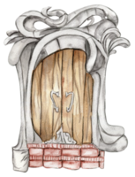 Wooden door for fairy. Hand drawn fairy tale illustration. png