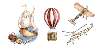 Composition of sailing ship, hot air balloon watercolor illustration. Spyglass, airplane, carpet bag, waterscape hand drawn. Childish design, element for boy's room, print, postcard. png