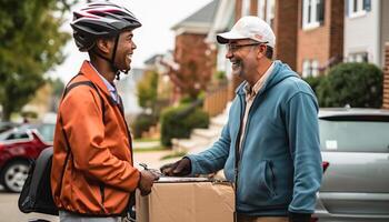 Multi ethnic group delivering packages on bicycles generated by AI photo