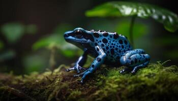 Spotted poison arrow frog sitting in wet grass generated by AI photo