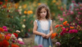 sonriente niña sostiene ramo, encuentra alegría al aire libre generado por ai foto