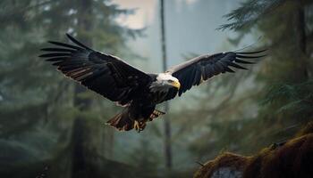 majestuoso calvo águila se extiende alas en medio aire generado por ai foto