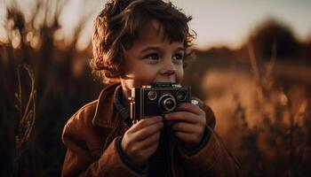 linda Niños jugando en naturaleza a puesta de sol generado por ai foto