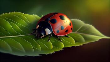 Ladybug on green leaf, beauty in nature generated by AI photo