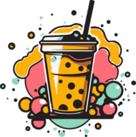 Hand Drawn vintage bubble milk tea logo in flat line art style png