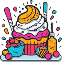 Hand gezeichnet Jahrgang Süßigkeiten und Kuchen Logo im eben Linie Kunst Stil png