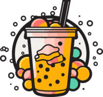 Hand Drawn vintage bubble milk tea logo in flat line art style png