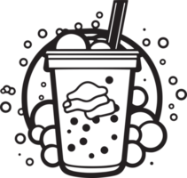 Hand Drawn vintage bubble milk tea logo in flat line art style png