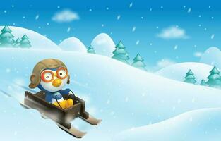 pequeño pingüino jugando trineo en nieve vector