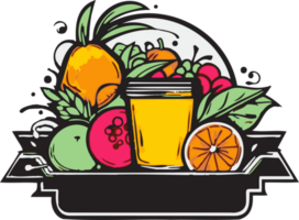 main tiré ancien fruit et jus logo dans plat ligne art style png