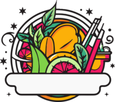 hand dragen årgång frukt och juice logotyp i platt linje konst stil png