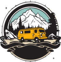 Hand Drawn vintage camping van logo in flat line art style png