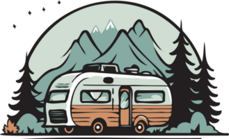 mão desenhado vintage acampamento furgão logotipo dentro plano linha arte estilo png