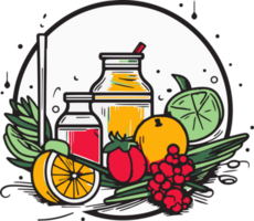 Hand Drawn vintage fruit and juice logo in flat line art style png