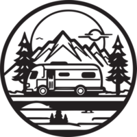 Hand Drawn vintage camping van logo in flat line art style png