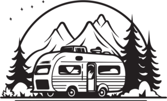 mão desenhado vintage acampamento furgão logotipo dentro plano linha arte estilo png