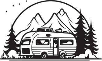 Hand Drawn vintage camping van logo in flat line art style png