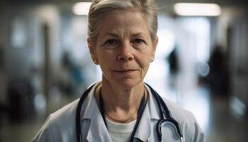 Confident healthcare worker standing in hospital lab coat generated by AI photo