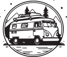 Hand Drawn vintage camping van logo in flat line art style png