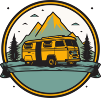 Hand Drawn vintage camping van logo in flat line art style png