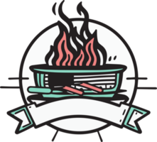 Hand gezeichnet Jahrgang Feuer mit Grill Logo im eben Linie Kunst Stil png