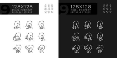 Throat diseases pixel perfect linear icons set for dark, light mode. Types of dangerous medical problems. Thin line symbols for night, day theme. Isolated illustrations. Editable stroke vector