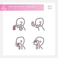 Throat examination and inhalation pixel perfect RGB color linear icons set. Respiratory disease diagnostic. Medical service. Isolated vector illustration. Simple filled line drawing. Editable stroke