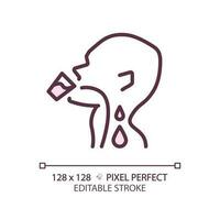 Drinking water pixel perfect RGB color linear icon. Liquid flowing down throat. Human body hydration. Healthcare. Thin line illustration. Contour symbol. Vector outline drawing. Editable stroke