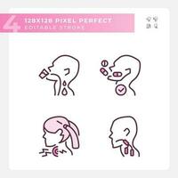 Throat sickness pixel perfect RGB color linear icons set. Children and adults diseases treatment. Healthcare materials. Isolated vector illustration. Simple filled line drawing. Editable stroke