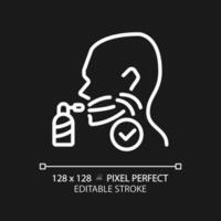 Throat spray pixel perfect white linear icon for dark theme. Remedy for inflammatory treatment. Breathe refreshing. Thin line illustration. Contour symbol. Vector outline drawing. Editable stroke