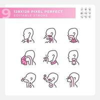 Throat diseases pixel perfect RGB color linear icons set. Types of dangerous medical problems. Examination of patients. Isolated vector illustration. Simple filled line drawing. Editable stroke