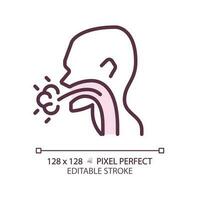 Cough pixel perfect RGB color linear icon. Infectious disease of throat. Patient with flu symptom. Viral illness. Thin line illustration. Contour symbol. Vector outline drawing. Editable stroke