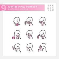 Throat problem diagnostics pixel perfect RGB color linear icons set. Different diseases of human gullet. Medical service. Isolated vector illustration. Simple filled line drawing. Editable stroke