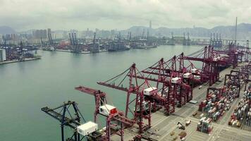 Container Ladung Schiff im Export und importieren Geschäft und Logistik International Waren im städtisch Stadt. Versand zu Hafen durch Kran im Victoria Hafen, Hong Kong. Antenne Aussicht Drohne 4k Aufnahmen video