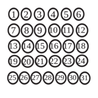 Month numbers from one to thirty one black sketch outline on transparent background , calendar numbers png