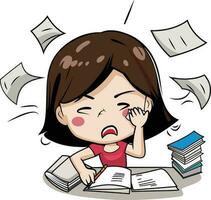 Young Stressed Student Girl Studying cartoon vector illustration, woman studying tired, looking angry and preparing exam vector image, colored and black and white line