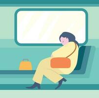 Young woman sleeping on public transit flat style vector illustration , tired lady sleeping on public bus or train  simple vector image