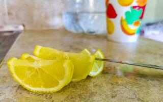 Oranges limes grapes lemon citrus fruits on plate Mexico. photo