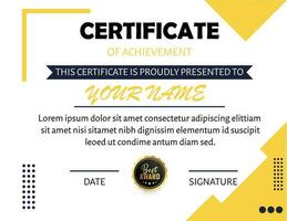 moderno certificado modelo certificado de apreciación plantilla, oro y azul color. limpiar moderno certificado con oro insignia. certificado frontera modelo con lujo y moderno línea modelo diploma vector