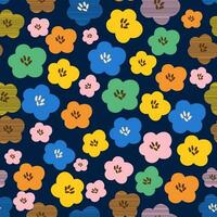Scandinavian floral pattern. Vector simple drawing flowers on dark blue background. Bright daisy summer plants print. Cute floral seamless wallpaper, fabric, package paper, wrap, textile design.