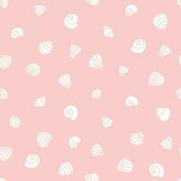 Seamless pattern with seashells on pink background. Flat vector illustration.
