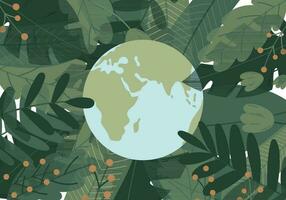 Planet Earth with frame of tropical green leaves. Globe vector illustration on floral eco background. The concept of saving nature