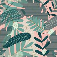 Leaves of tropical plants and trees, monstera and palm. Vector seamless floral jungle pattern in flat style.